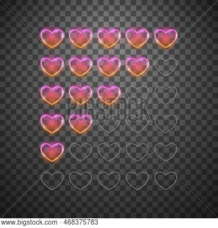 Glowing Neon Health Bar Set On Transparent. Stock Vector Clipart For Valentines Day Or Game.