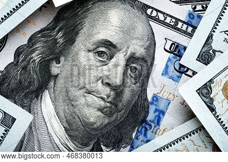 Macro One Hundred Dollar Bill. Benjamin Franklins Look On A Hundred Dollar Bill. Benjamin Franklin P