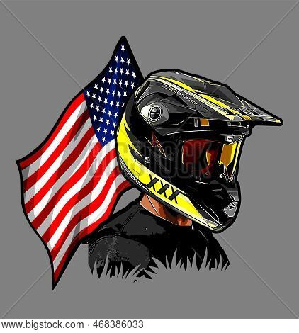 Motocross Rider And American Flag Vector Template