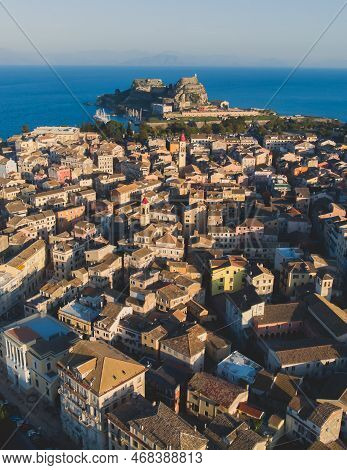 Kerkyra City, Corfu Island, Greece, Beautiful Summer Aerial Drone View Of Kerkyra Old Town Center, W