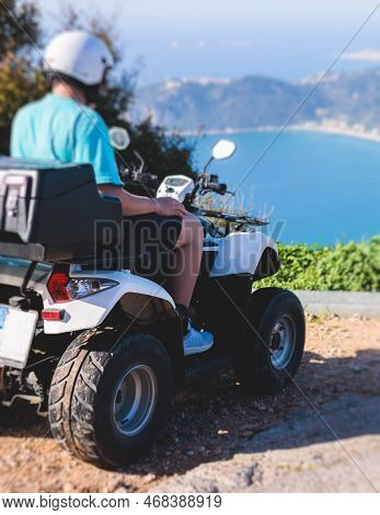 Group Of Riders Riding Atv Vehicle Crossing Mountain Serpentine Road Track, Process Of Driving Renta