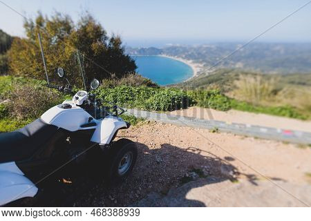 Group Of Riders Riding Atv Vehicle Crossing Mountain Serpentine Road Track, Process Of Driving Renta