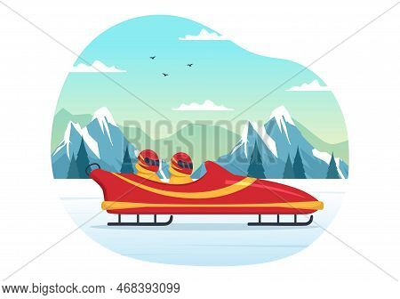 Athlete Riding Sled Bobsleigh Illustration With Snow, Ice And Bobsled Track For Competition In Winte