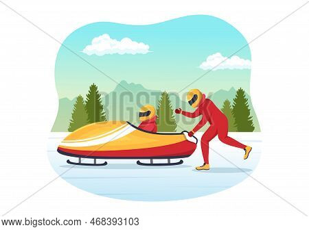 Athlete Riding Sled Bobsleigh Illustration With Snow, Ice And Bobsled Track For Competition In Winte