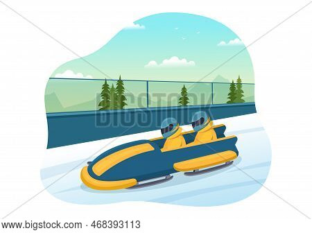 Athlete Riding Sled Bobsleigh Illustration With Snow, Ice And Bobsled Track For Competition In Winte