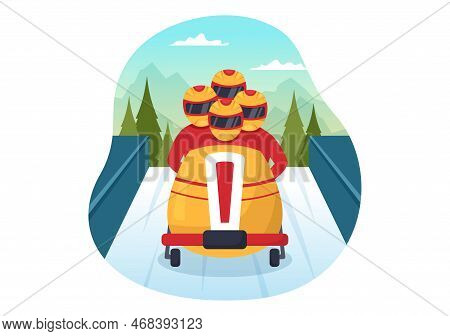 Athlete Riding Sled Bobsleigh Illustration With Snow, Ice And Bobsled Track For Competition In Winte
