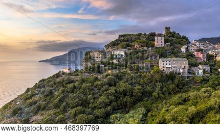 Mountain Village Of Nonza With View Over The Mediteranean Sea On Cap Corse, Corsica, France
