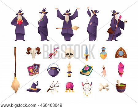 Magician Tools. Various Old Wizards Characters Cartoon Style, Mystery Sorceress Witchcraft With Magi