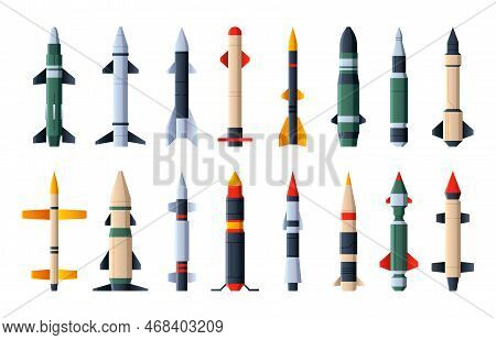Missiles Collection. Military Aircraft Weapon Warhead, Explosive Missilery Ballistic Rocket And Arti