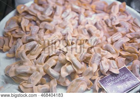 Traditional Bergamo Casoncelli Alla Bergamasca In The Local Market, Close Up.