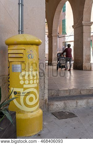 Felanitx, Spain; January 04 2023: Close-up Of A Yellow Mailbox Of The Spanish State-owned Company, C