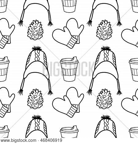 Vector Contur Seamless Pattern Of Winter Clothes
