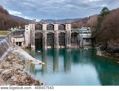 Plave, Slovenia - December 28, 2022: Plave Hydroelectric Dam On The Soca River In Slovenia
