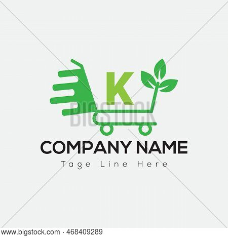 Eco Shopping Logo On Letter K Template. Eco Online Cart On K Letter, Initial Shopping Sign Concept