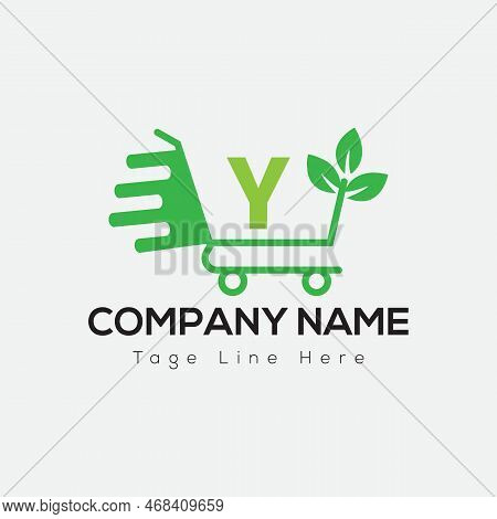 Eco Shopping Logo On Letter Y Template. Eco Online Cart On Y Letter, Initial Shopping Sign Concept