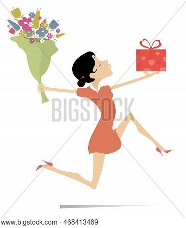 Running Young Woman With Flowers And A Gift Box Illustration. 
Cartoon Running Woman Holds Flowers A