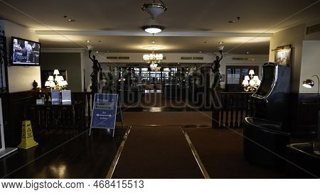 London - 01 26 2022: Interior of the Britannia International Hotel at 163 Marsh Wall, View of the entrance hall