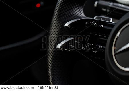Cruise Control Switch Closeup. Adaptive Cruise Control Leaver. Cruise Control On Steering Wheel.