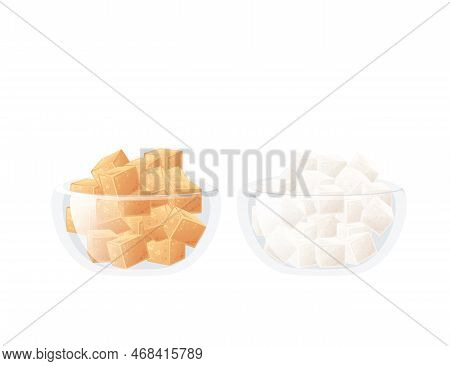 Two Glass Bowls With Brown And White Sugar Cubes Vector Illustration Isolated On White Background