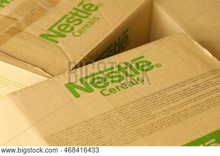Kyiv, Ukraine - May 4, 2022 Big Cardboard Boxes With Logo Of Nestle Company. Porduction Storage Of N