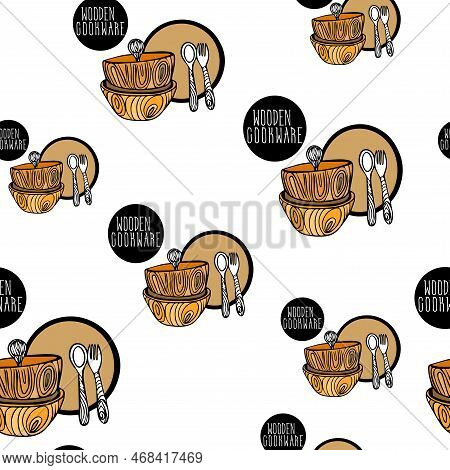 Seamless Pattern Wooden Dishes With Dish, Round Deep Plate, Dinnerware And Cutlery - Fork, Spoon. Se