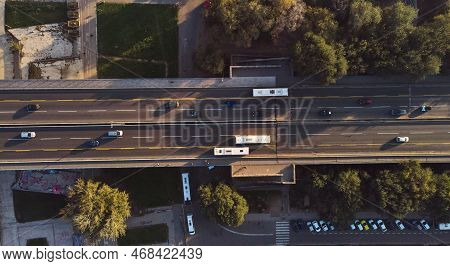 Aerial View Of The Road Bridge Across The Sava River. Belgrade. Road On The Bridge With Moving Cars 
