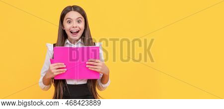 Surprised Teen Girl In School Uniform Reading Book, Amasement. Banner Of School Girl Student. School