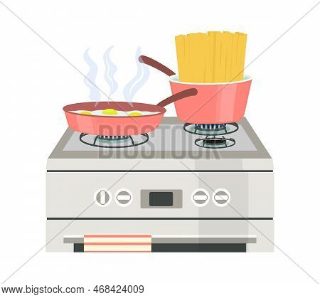 Cooking Plate Icon. Pink Pot Of Spaghetti And Pan Of Scrambled Eggs On Fire. Interface For Programs 