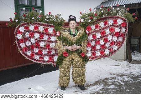 Krasnoilsk, Ukraine - 13 Jan 2017: A Unique Costume Of A Romanian Bear For The Celebration Of Malank