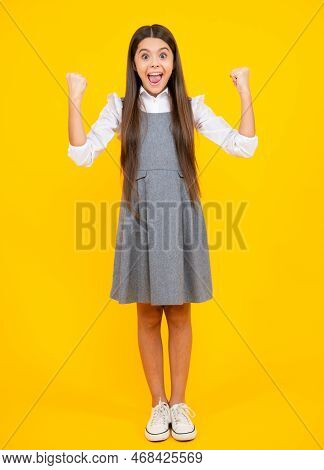 Child Girl Rejoicing, Say Yes, Looking Happy And Celebrating Victory, Champion Gesture, Fist Pump, O