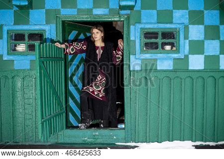 Krasnoilsk, Ukraine - 13 Jan 2017: A Young Girl Against The Background Of A Green-blue Traditional W