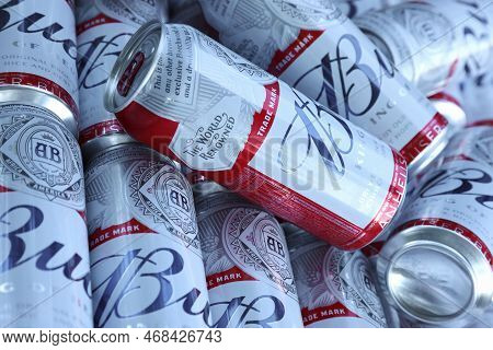 Sumy, Ukraine - August 01, 2021: Many Cans Of Budweiser Lager Alcohol Beer - Budweiser Is A Brand Fr