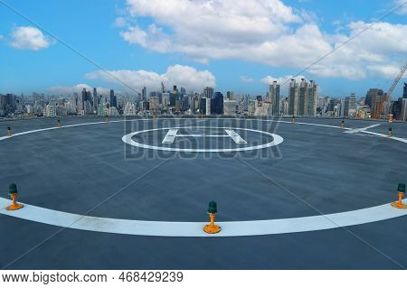 The Heli Copter Parking Lot On The Deck With Blue Sky In The Capital Of Thailand. Space For Helicopt