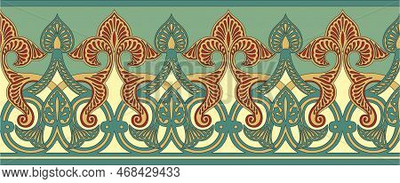 Vector Seamless Colored Gold Arabic National Ornament, Border, Frame. Endless Vegetablepattern Of Ea