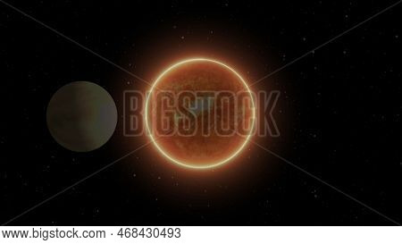 Bright Sun Dark Sky In Solar System On Black Background.