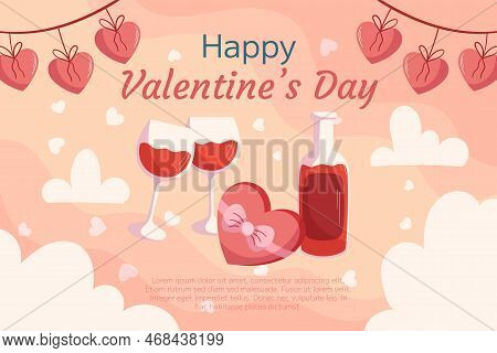 St. Valentines Day Background Design With Bottle And Two Glass Of Wine, Box With Chocolatte In Heart