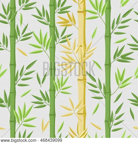 Vertical Bamboo Seamless Pattern With With Green And Yellow Color. Bamboo Stalks. Bamboo Leaf Patter
