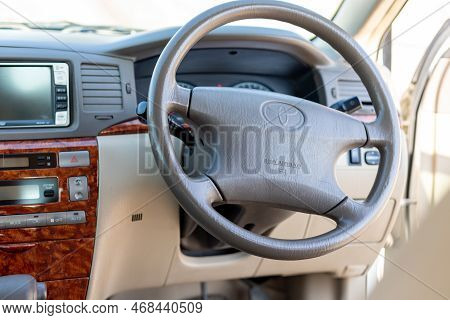 Swat, Pakistan - January 01, 2023: Four Spoke Steering Wheel Of A Toyota Corolla Car With Srs Airbag