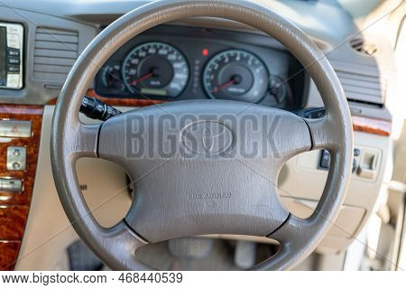 Swat, Pakistan - January 01, 2023: Srs Airbag In Steering Wheel Of A Toyota Vehicles Closeup