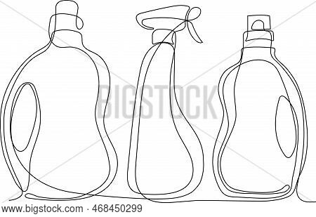 Continuous One Line Drawing Of Bottles For Liquid Laundry Detergent, Bleach, Fabric Softener, Dishwa