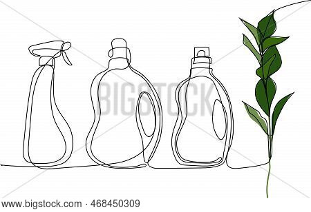 Continuous One Line Drawing Of Bottles For Liquid Laundry Detergent, Bleach, Fabric Softener, Dishwa