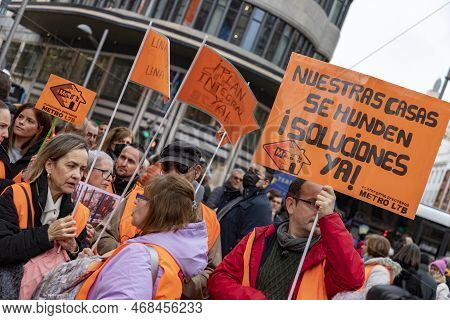Manifestation. Demonstration From Plaza De Callao To Puerta Del Sol In Madrid. Banner For Those Affe