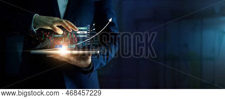 Business People Holding Tablet And Analysis Stock Market, Currency Exchange And Banking, Showing A G