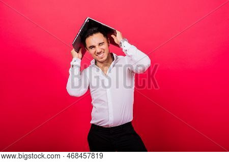 Cheerful Young Guy 20s In Classic Shirt Isolated On Bright Red Wall Background Studio Portrait.