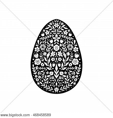 Easter Floral Egg Icon. Abstract Flowers In Egg Silhouette. Vector Linocut Object Isolated On White 