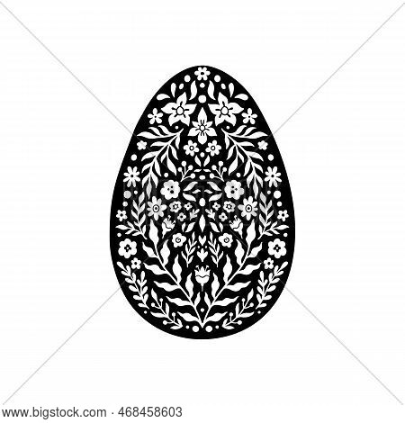 Easter Floral Egg Icon. Abstract Flowers In Egg Silhouette. Vector Linocut Object Isolated On White 