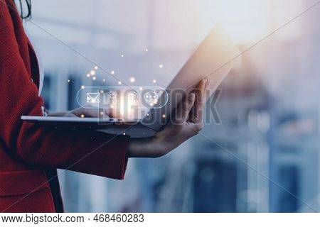 Customer Support Hotline Contact Us People Connection. Businessman Using Computer Keyboard With The