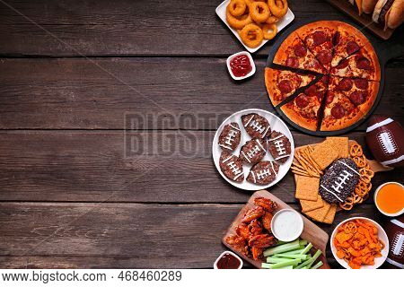 Super Bowl Or Football Theme Food Side Border. Pizza, Hamburgers, Wings, Snacks And Sides. Top Down 