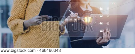Document Management System Concept, Businessman Signs Electronic Documents On Digital Documents, Sea