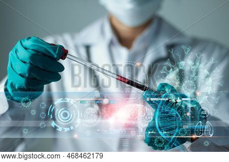 Genetic Research And Biotech Science Concept. Human Biology And Pharmaceutical Technology On Laborat